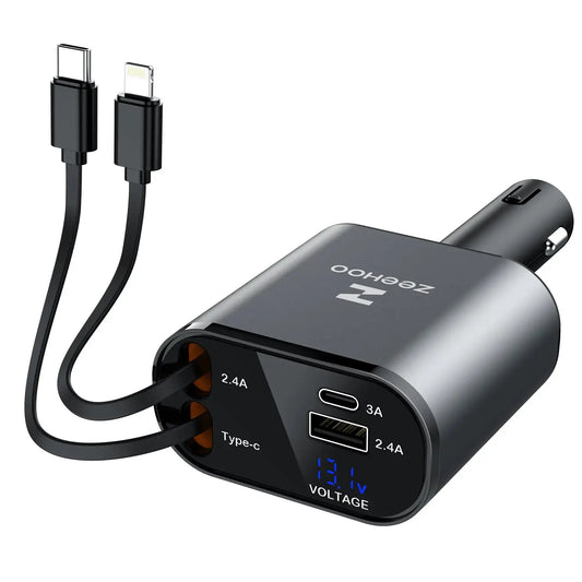 ZEEHOO Retractable Car Charger - 4 in 1 Car Charger Fast Charge Car Accessories Car Charger USB C - Compatible with iPhone and Android Devices Gadgeto