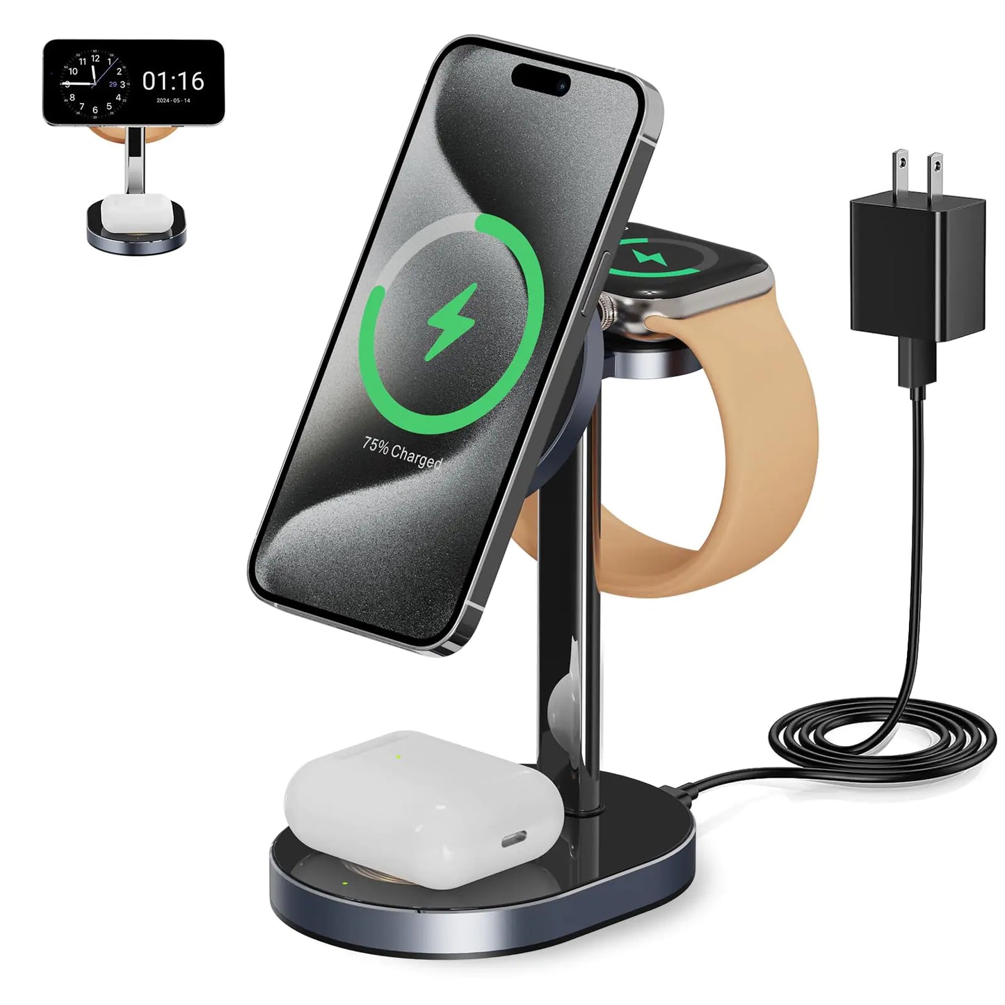 3 in 1 Charging Station Charger Stand for Mag-Safes Function15W Fast Magnetic Charger Wireless Compatible for iPhone 15 14 13 12 Pro/Max/Plus/MiniAirPods Pro/3/2iWatch 9/8/7/6/SE/5/4/3/2 Black - Gadgeto