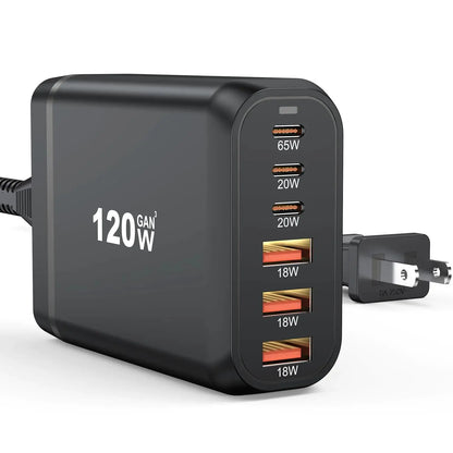 USB C Charging Station 120W 6 Ports GaN III Multiple Ports Charger Hub Single USB-C Port 65W Fast Charging Block for iPhone 16/15 Series iPad Android Phones and More Gadgeto