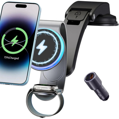 2 in 1 for MagSafe Car Mount Charger Wireless - 18W Aluminum Alloy Magnetic Car Charger with 42.5W Car Power Adapter - Dashboard Car Phone Holder Mount for Apple Watch/iPhone 15/14/13/12/Magsafe Case Gadgeto