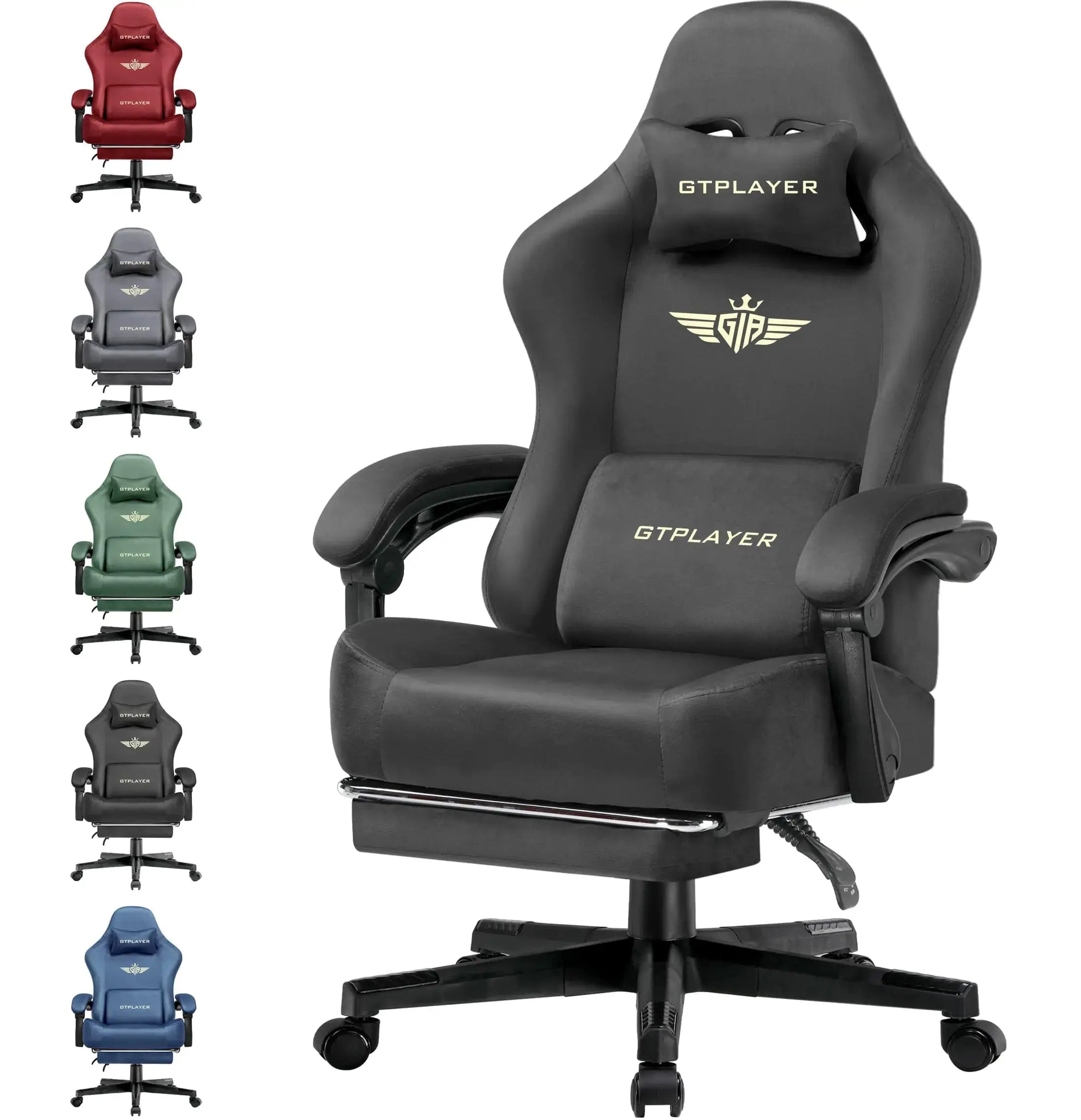 GTPLAYER Gaming Chair Fabric with Pocket Spring Cushion Big and Tall Gaming Chair 350LBS High Back Computer Chair with Footrest for Adults Lumbar Support Swivel Game Chair for Office Light Black Gadgeto